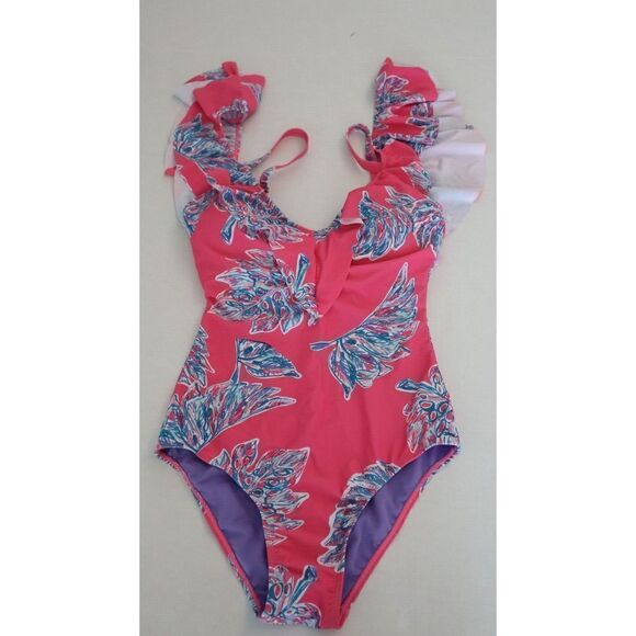 Nicole Miller Women's Sz S Pink Floral Cold Shoulder w/Ruffle 1-Pc Swimsuit $120 - Picture 5 of 7